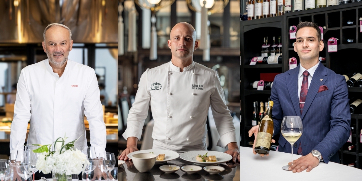 The talented team at La Maison 1888 includes legendary chef Christian Le Squer (left), Chef de Cuisine Florian Stein (centre), and Head Sommelier Amedeo Bellini (right)