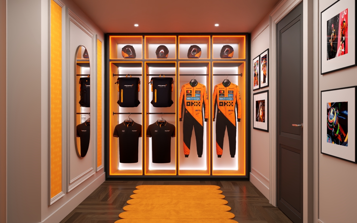The suite has a heritage hub showcasing McLaren F1 Team memorabilia, twin racing simulators, and a pit wall with race day content.