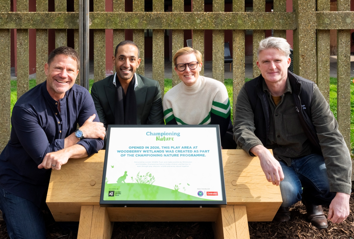 Championing Nature Ambassador, Steve Backshall with AELTC Head of Community Strategy Ulrika Hogberg and a representative from The London Wildlife Trust, at the official opening of a new children’s natural play area at the Woodberry Wetlands Nature Reserve. This is the first completed capital project delivered through the Championing Nature programme, funded through the partnership of Emirates, the AELTC and London Wildlife Trust. Held at Woodberry Wetlands Nature Reserve, Hackney, London.